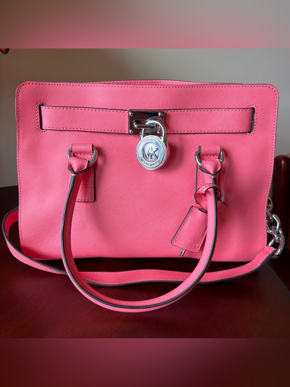Michael Kors Hamilton Saffiano Leather Bag Purse Pink/Coral Silver Accents EUC